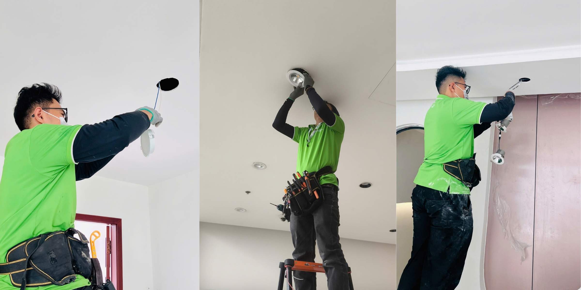 Kỹ thuật viên lắp đặt đèn âm trần LED trên trần nhà trong căn hộ mới xây dựng